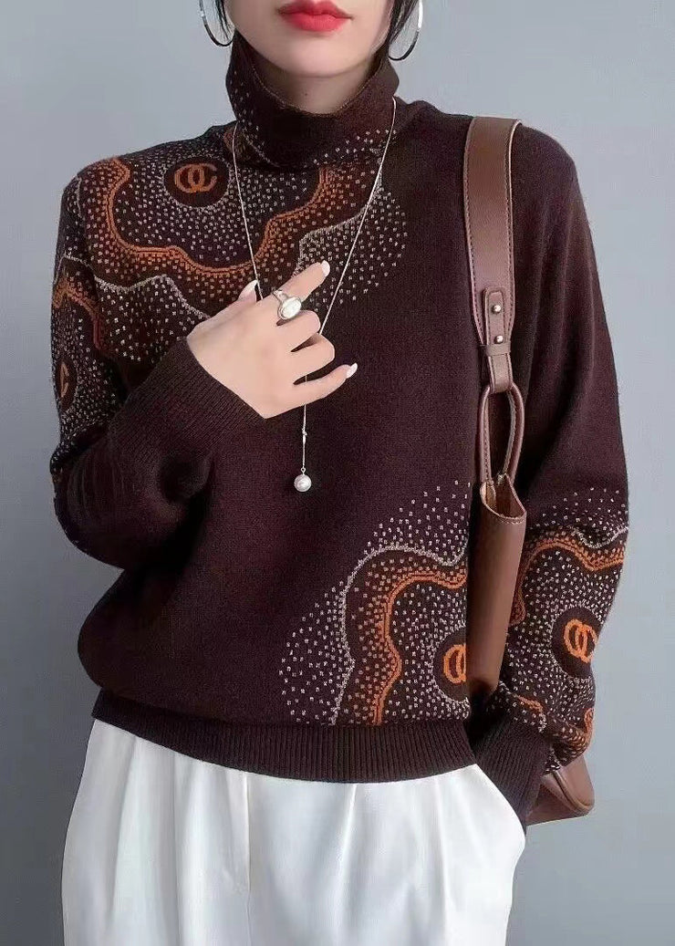 Italian Coffee Turtleneck Zircon Patchwork Wool Knit Sweaters Fall