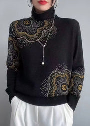 Italian Coffee Turtleneck Zircon Patchwork Wool Knit Sweaters Fall