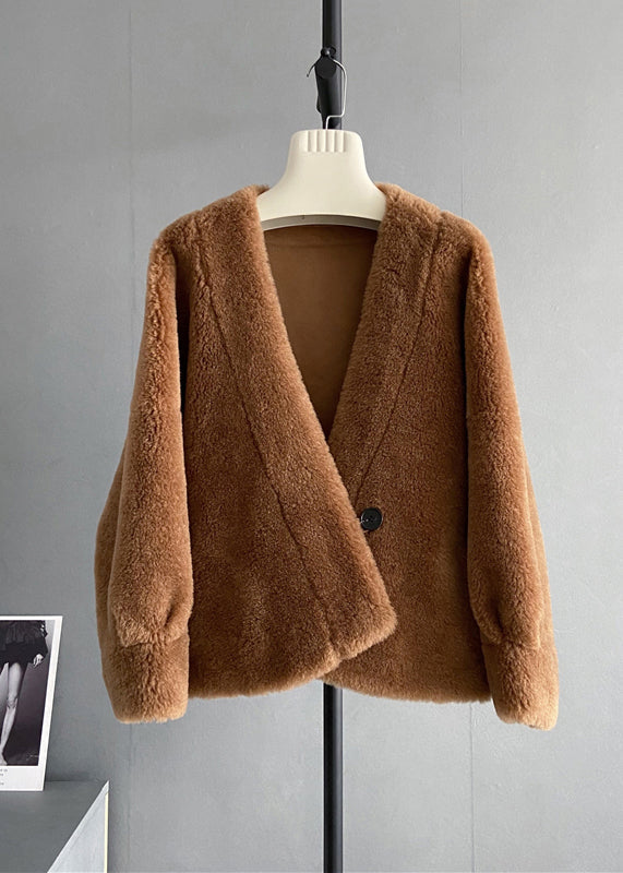 Italian Coffee V Neck Button Loose Wool Coat Winter