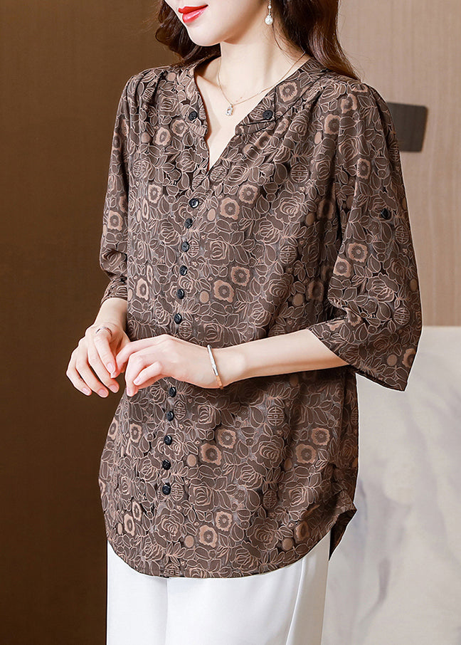 Italian Coffee V Neck Print Button Silk Shirt Half Sleeve