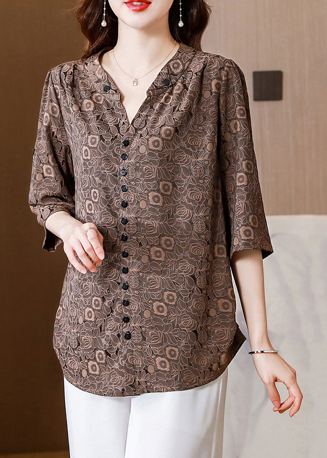 Italian Coffee V Neck Print Button Silk Shirt Half Sleeve