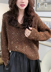 Italian Coffee V Neck Sequins Hollow Out Knit Sweater Tops Spring