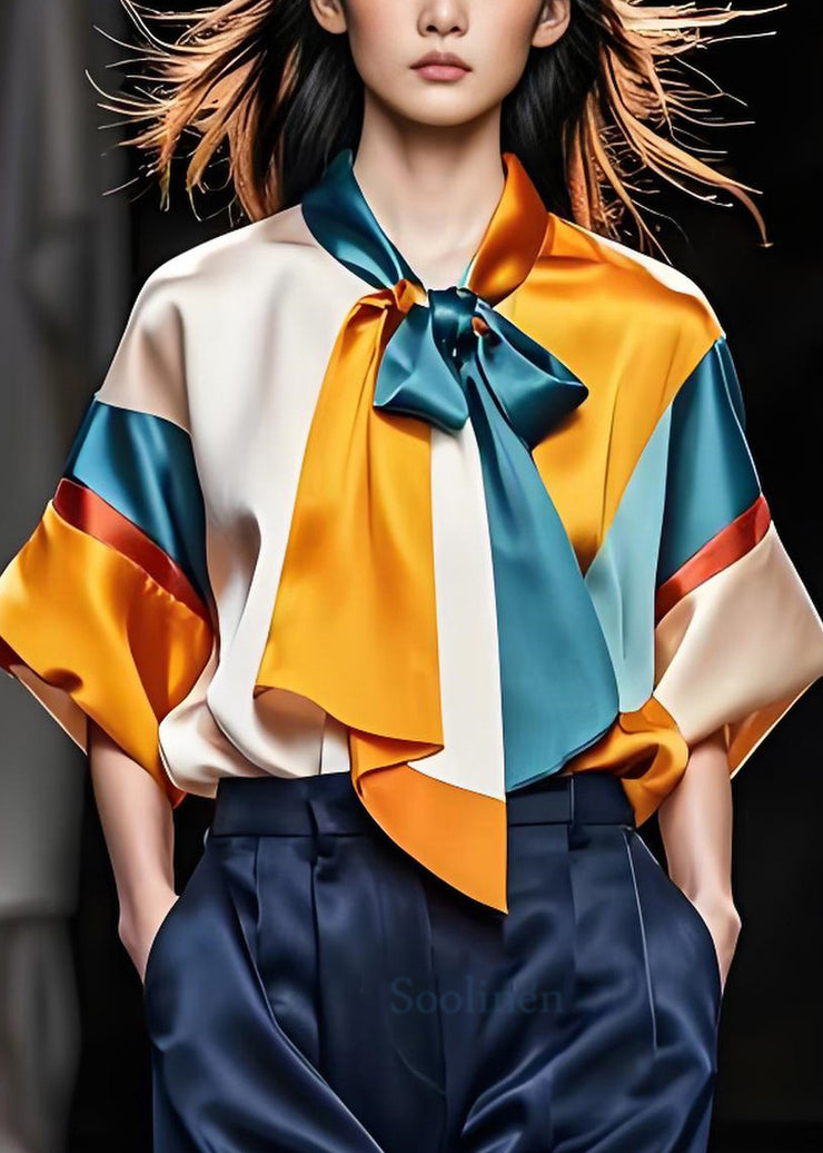 Italian Colorblock Bow Patchwork Silk Blouse Top Summer