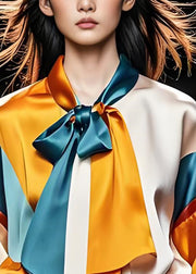 Italian Colorblock Bow Patchwork Silk Blouse Top Summer