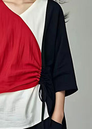 Italian Colorblock Cinched Patchwork Linen Shirt Tops Summer