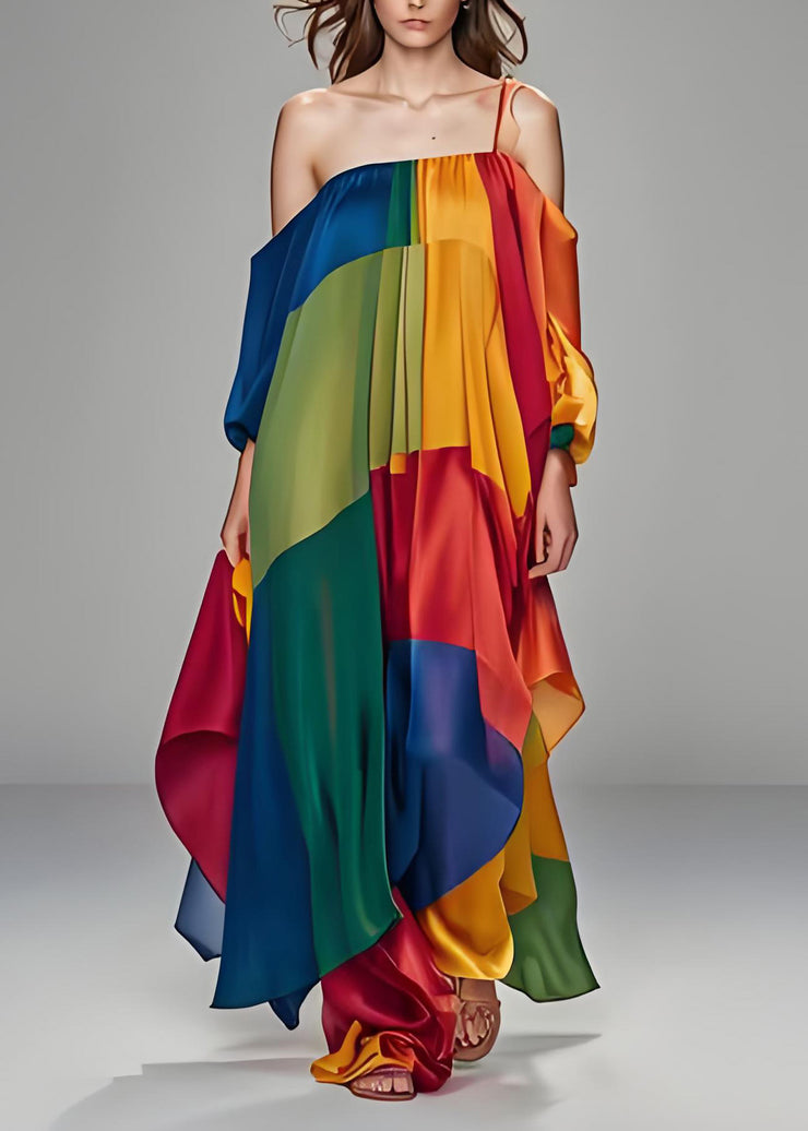 Italian Colorblock One Shoulder Asymmetrical Design Silk Dress Sleeveless