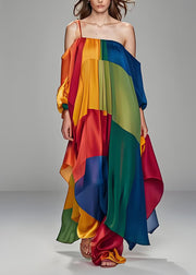 Italian Colorblock One Shoulder Asymmetrical Design Silk Dress Sleeveless