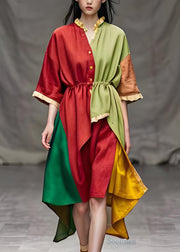 Italian Colorblock Ruffled Patchwork Low High Design Cotton Dresses Summer