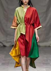 Italian Colorblock Ruffled Patchwork Low High Design Cotton Dresses Summer