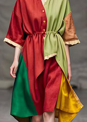 Italian Colorblock Ruffled Patchwork Low High Design Cotton Dresses Summer