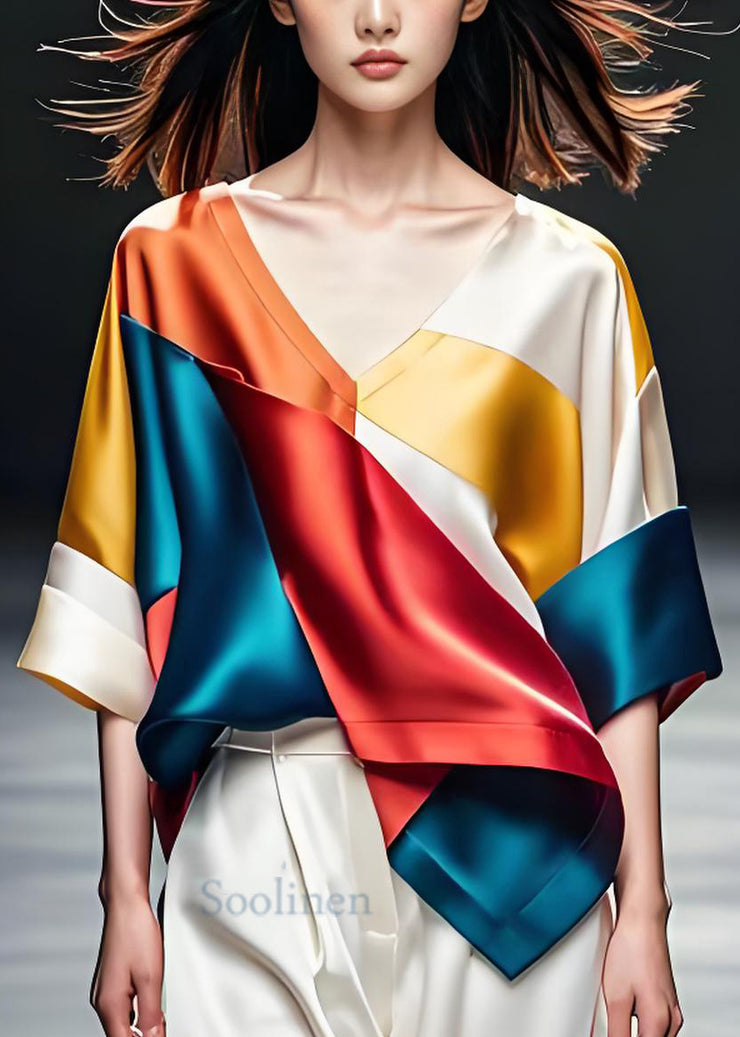 Italian Colorblock V Neck Asymmetrical Design Silk Top Summer