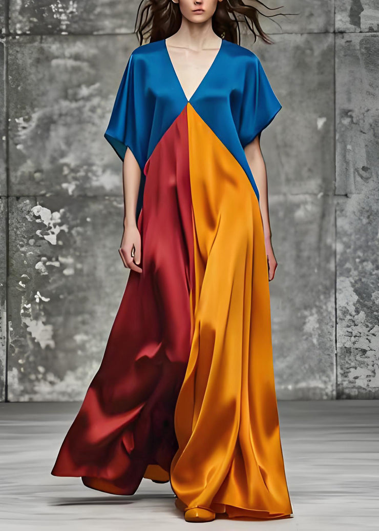 Italian Colorblock V Neck Loose Silk Long Dress Summer