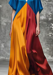 Italian Colorblock V Neck Loose Silk Long Dress Summer