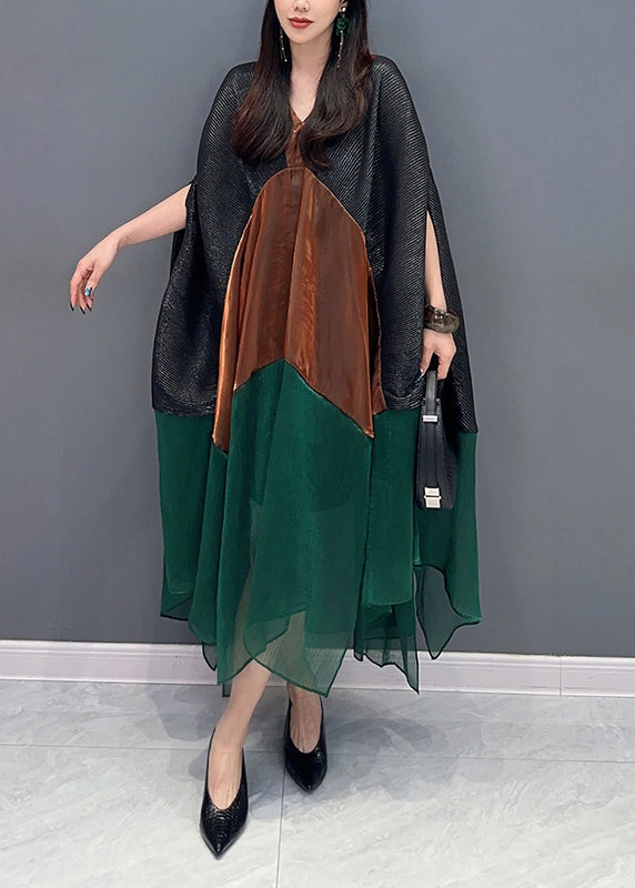 Italian Colorblock V Neck Patchwork Chiffon Dress Batwing Sleeve