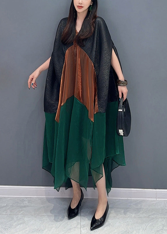 Italian Colorblock V Neck Patchwork Chiffon Dress Batwing Sleeve