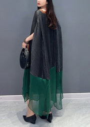 Italian Colorblock V Neck Patchwork Chiffon Dress Batwing Sleeve