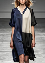 Italian Colorblock V Neck Patchwork Silk Dresses Summer