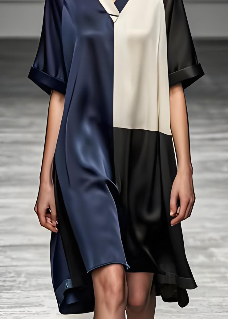 Italian Colorblock V Neck Patchwork Silk Dresses Summer