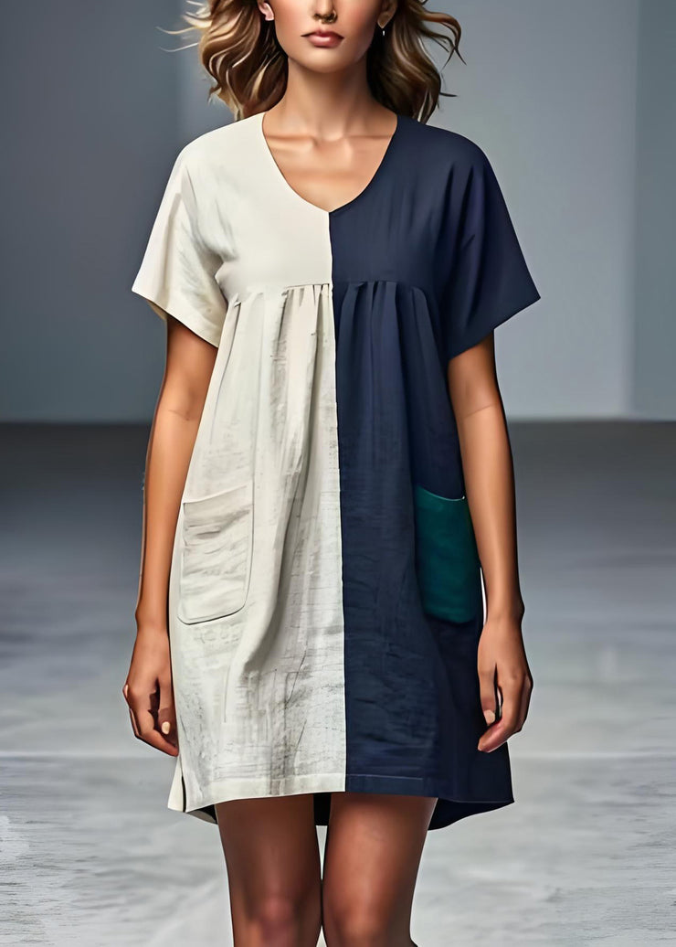 Italian Colorblock V Neck Pockets Patchwork Linen Dresses Summer