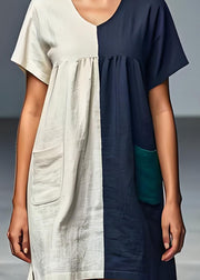 Italian Colorblock V Neck Pockets Patchwork Linen Dresses Summer