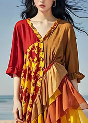 Italian Colorblock V Neck Ruffled Patchwork Chiffon Maxi Dresses Summer