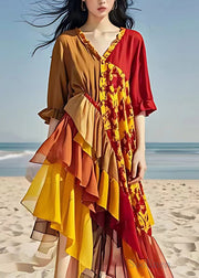 Italian Colorblock V Neck Ruffled Patchwork Chiffon Maxi Dresses Summer