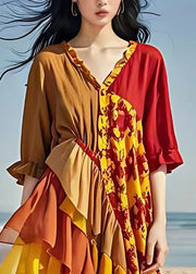 Italian Colorblock V Neck Ruffled Patchwork Chiffon Maxi Dresses Summer