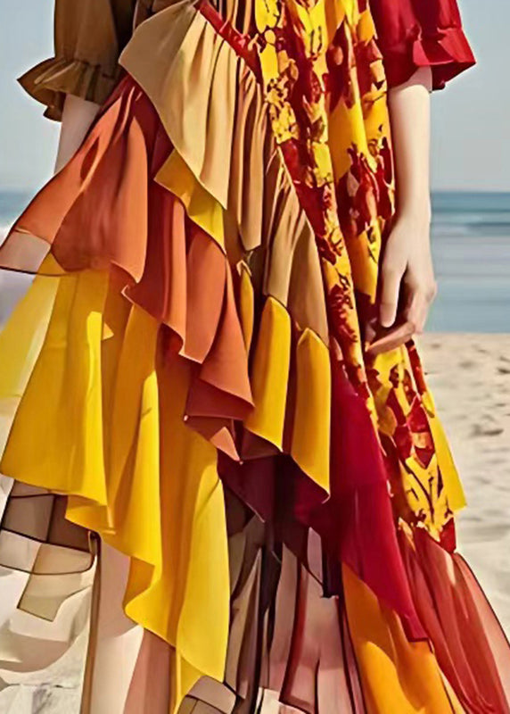 Italian Colorblock V Neck Ruffled Patchwork Chiffon Maxi Dresses Summer