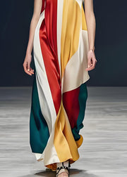Italian Colorblock V Neck Silk Spaghetti Strap Dresses Sleeveless