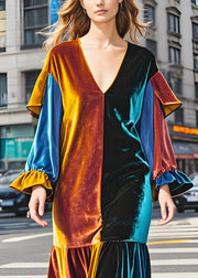 Italian Colorblock V Neck Wrinkled Patchwork Velvet Dresses Fall