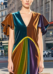 Italian Colorblock V Neck Wrinkled Velvet Dress Butterfly Sleeve