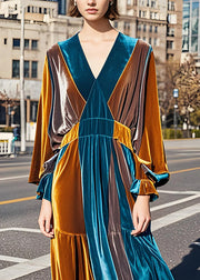 Italian Colorblock V Neck Wrinkled Velvet Long Dress Fall