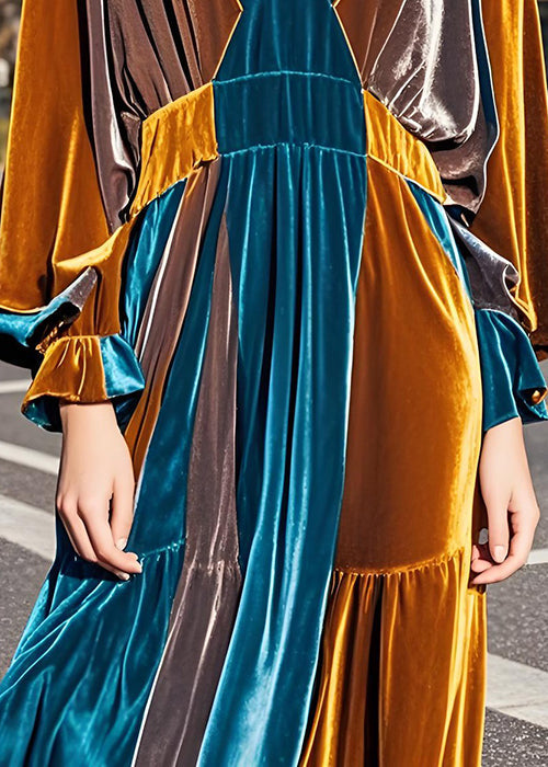 Italian Colorblock V Neck Wrinkled Velvet Long Dress Fall