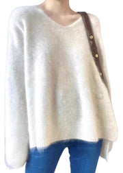 Italian Cozy White V Neck Ma Hai Mao Knit Sweaters Spring