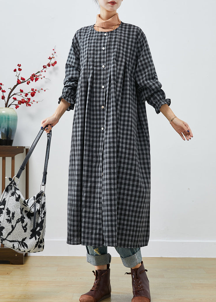 Italian Dark Grey Oversized Plaid Cotton Robe Dresses Fall