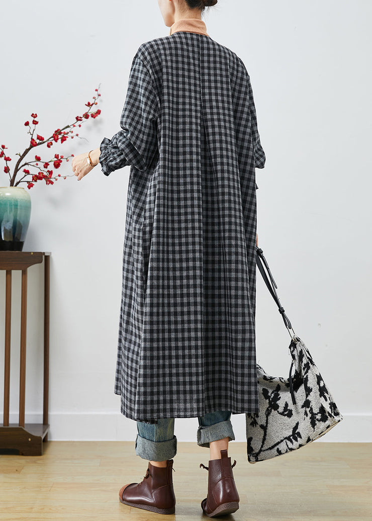 Italian Dark Grey Oversized Plaid Cotton Robe Dresses Fall