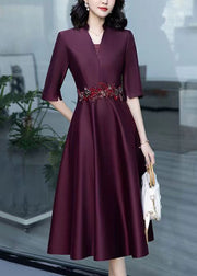 Italian Deep Purple V Neck Zircon Patchwork Silk Dress Half Sleeve