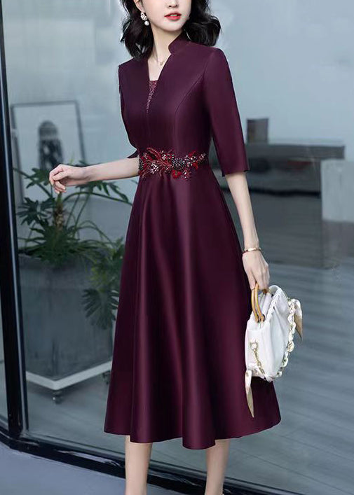 Italian Deep Purple V Neck Zircon Patchwork Silk Dress Half Sleeve