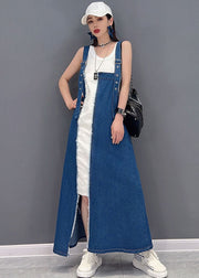 Italian Denim Blue Patchwork Cotton Fake Two Piece Strap Dresses Summer