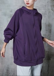 Italian Dull Purple Hooded Pockets Cotton Sweatshirt Jackets Spring