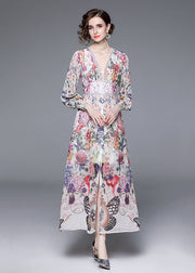 Italian Floral V Neck Front Open Patchwork Chiffon Vacation Dresses Long Sleeve