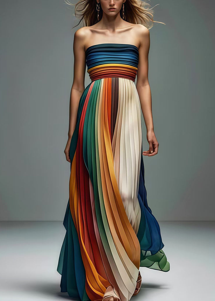 Italian Gradient Color Backless Chiffon Strapless Pleated Dress Summer