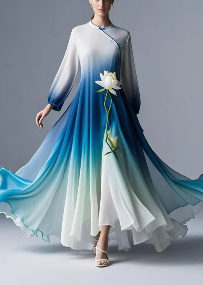 Italian Gradient Color Lotus Exra Large Hem Chiffon Long Dress Fall