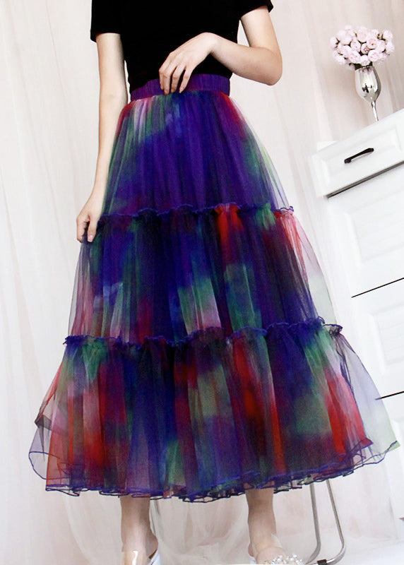 Italian Gradient Color Ruffled Patchwork Tulle Skirts Summer