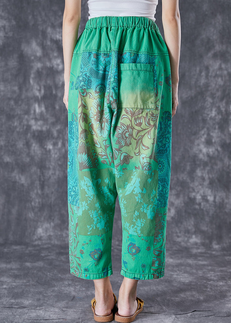 Italian Green Elastic Waist Print Denim Harem Pants Ripped Jeans Summer