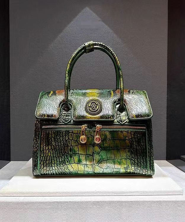 Italian Green Embossed Calf Leather Tote Handbag