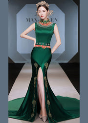 Italian Green Embroidered Front Open Silk Long Dresses Set Fall