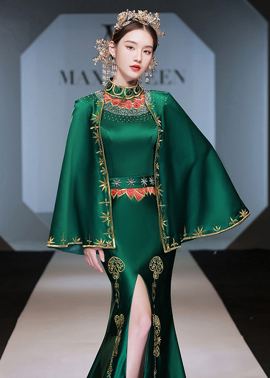 Italian Green Embroidered Front Open Silk Long Dresses Set Fall