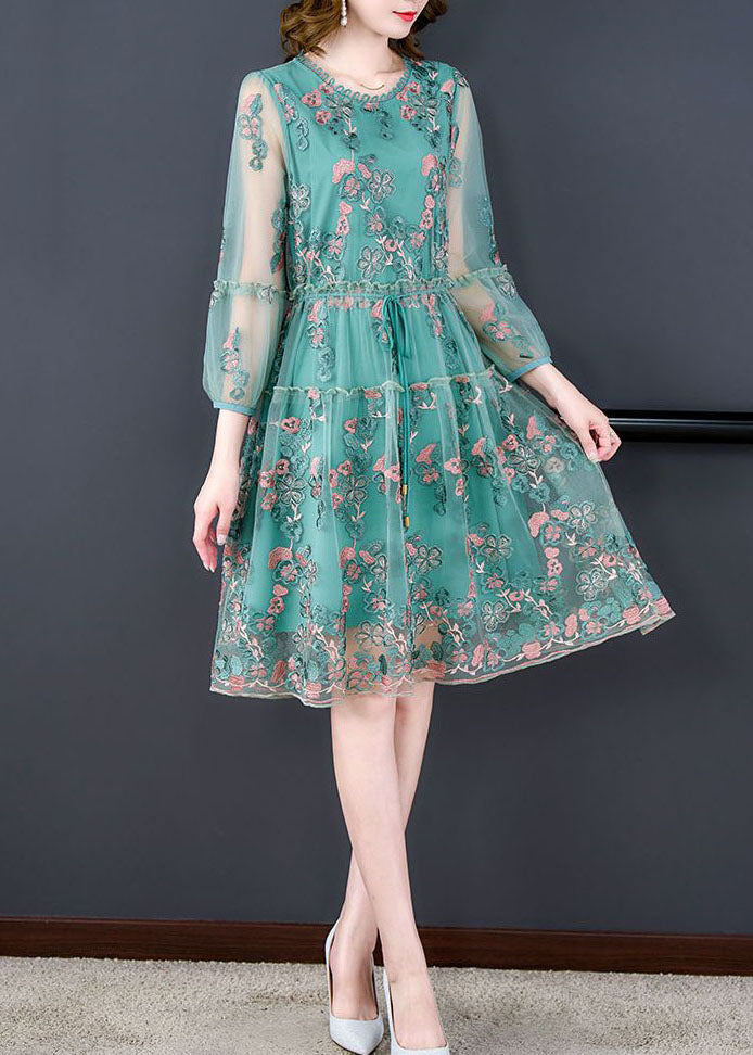 Italian Green Embroideried Tie Waist Tulle Mid Dress Summer