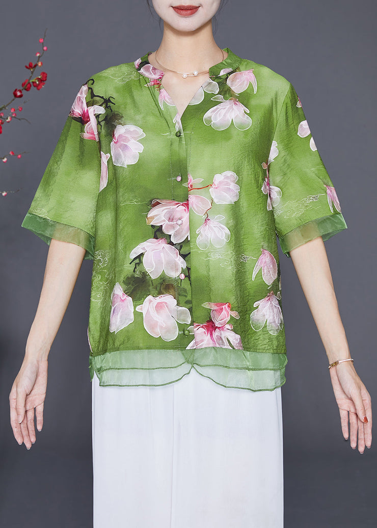 Italian Green Floral Patchwork Organza Linen Silk Shirt Top Half Sleeve